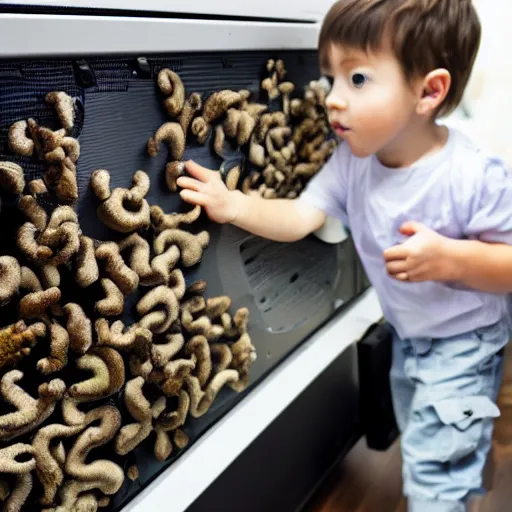 Prompt: tiny mushroom fella explores an open computer case