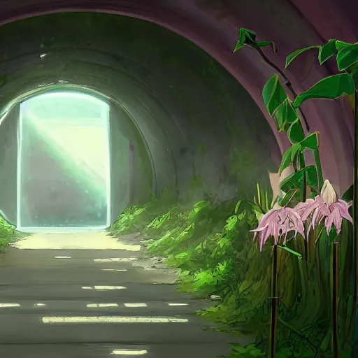 Image similar to paradise at at the end of the tunnel with a cross as the light shining into the tunnel, with pale purple and pale pink lighting, cute, aesthetic, anime, with a few vines and overgrowth, studio ghibli, cinematic, painting, high definition, digital art, symmetrical, very detailed, extremely high detail, photo realistic, concept art, unreal engine 5,