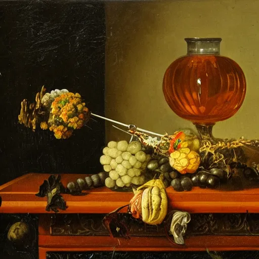 Image similar to gravity bong with weed in still life. dutch masters, 1 8 th century. oil on canvas