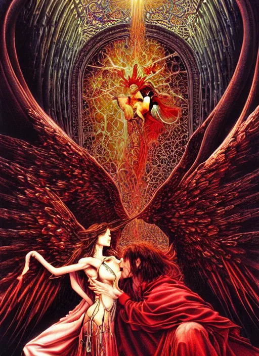 Prompt: realistic detailed image of a attractive beautiful angel kissing with a demon in a heavenly cathedral in hell by Ayami Kojima, Amano, Karol Bak, Greg Hildebrandt, and Mark Brooks, Neo-Gothic, gothic, rich deep colors. Beksinski painting. art by Takato Yamamoto. masterpiece