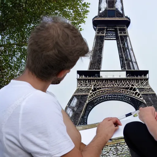 Prompt: a french guy drawing a picture of eiffle tower 8 k