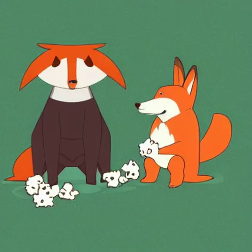 Prompt: a dog and a fox and a rabbit eating popcorn and watching a movie
