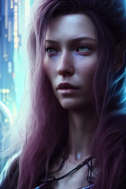 Image similar to a portrait of a beautiful 28th century super cool post-human female with long hair, barely human and largely biomechanical cyberpunk, hyper-realistic, very detailed unreal engine, by Artgerm, WLOP and Ross Thran, dramatic cinematic lighting rendered by octane, 8k, detailed, trending on artstation, deviantart google images, pinterest