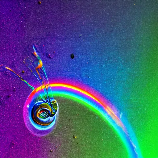 Image similar to A Hyper Space Snail leaving a Trail of Oil Slick Rainbow while it performs violin for the insect kingdom HDR