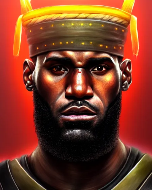 Image similar to face portrait of lebron james as a muscular ronin samurai, wearing a haori, by wlop and peter mohrbacher, dramatic action pose, extremely detailed shading, concept art, digital painting, trending on artstation, unreal engine 5, octane render, atmosphere, glow, cinematic lighting, full of color