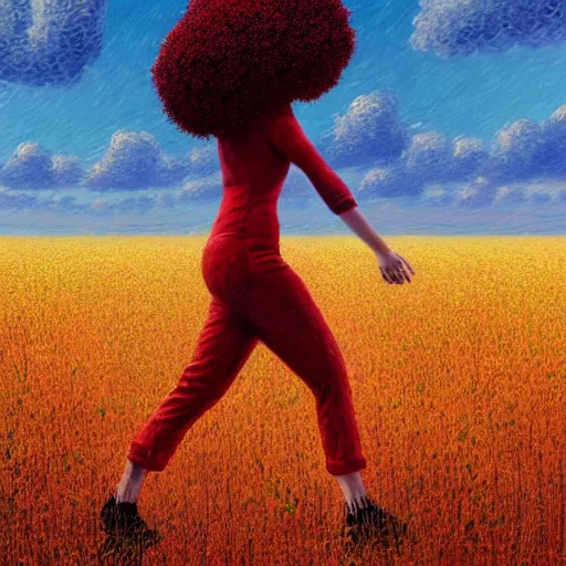 Prompt: giant red carnation afro head, full body, girl walking in the middle of a wheat field, surreal photography, hills, sunrise dramatic light, impressionist painting, colorful clouds, digital painting, pointillism, artstation, simon stalenhag