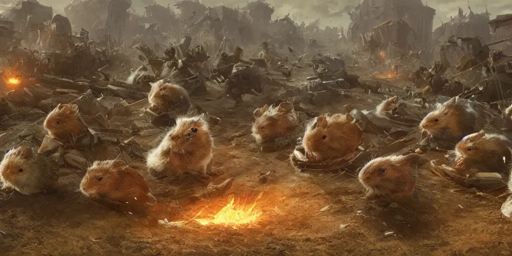 Image similar to highly detailed image of hamsters in a battle, hamsters, hamsters holding rifles, stephen bliss, unreal engine, fantasy art by greg rutkowski, global illumination, radiant light, detailed and intricate environment