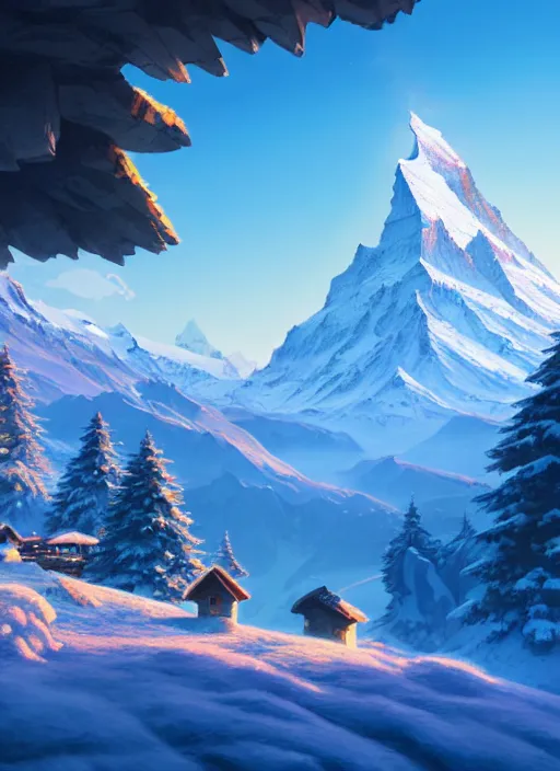 Prompt: a wholesome animation key shot, castle in the middle, swiss alps ( matterhorn ) in the background, snow in the foreground, studio ghibli, pixar and disney animation, sharp, rendered in unreal engine 5, anime key art by greg rutkowski, bloom, dramatic lighting