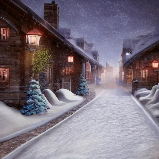 Image similar to a highly detailed digital art rendering and concept design of a snowy villages at dusk, stunning volumetric lighting, three dimensions, digitally altered environment, ui design, 3d modeling, illustration, transport design,