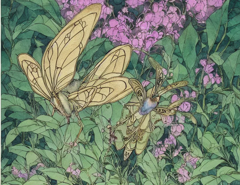 Prompt: faerie hawkmoth in the garden of the palace. this watercolor and gold leaf work by the award - winning mangaka has a beautiful composition and intricate details.