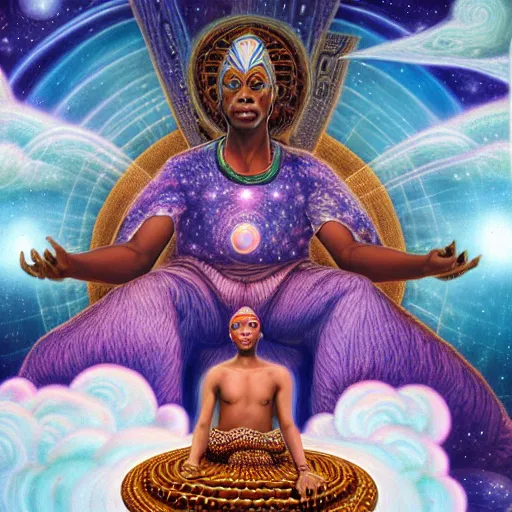 Image similar to obatala the cosmic god sitting on a throne of nebula clouds, by amanda sage and alex grey, matte painting, orisha, 8k, hd