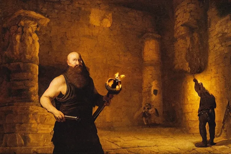 Image similar to a bearded man holds a torch and explores a Dungeon, luminous, Renaissance Painting