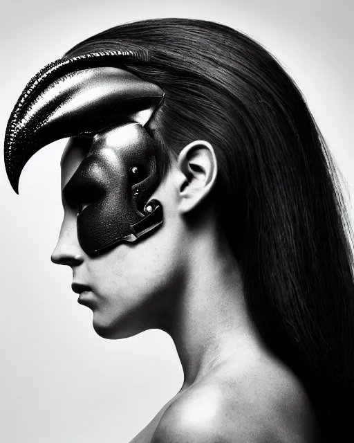 Image similar to a profile portrait, a stunning young woman - cyborg with a mutant crow head, editorial photography, bw, shot on 7 0 mm, depth of field, f / 2. 8, high contrast, 1 6 k, volumetric lighting, shiny, insanely detailed and intricate, hypermaximalist, elegant, ornate, hyper realistic, super detailed