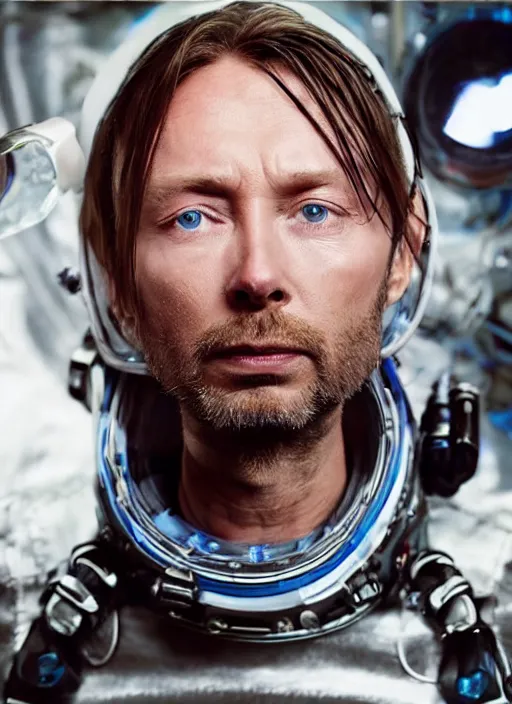 Image similar to calm thom yorke singer songwriter frontman, in spacesuit filling up with water, ultrafine detail, hyper realistic face, beautiful blue eyes, black spherical pupils, eyes reflecting into eyes reflecting into infinity, eyes reflecting into eyes reflecting into infinity