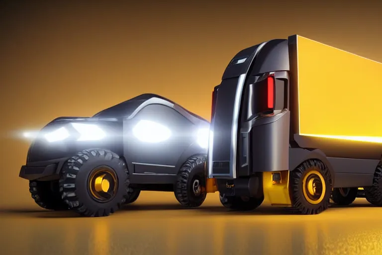 Image similar to still photo of a futuristic remote control truck, highly detailed, photorealistic portrait, bright studio setting, studio lighting, crisp quality and light reflections, unreal engine 5 quality render