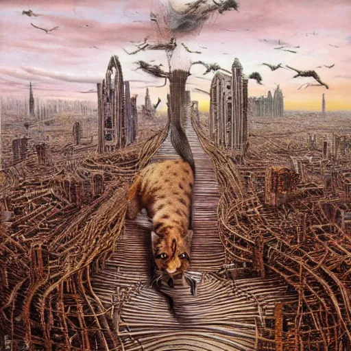 Image similar to salvador dalí inspired dystopian city with big cats walking around instead of people, art by peter gric, gothic, surreal, 8k