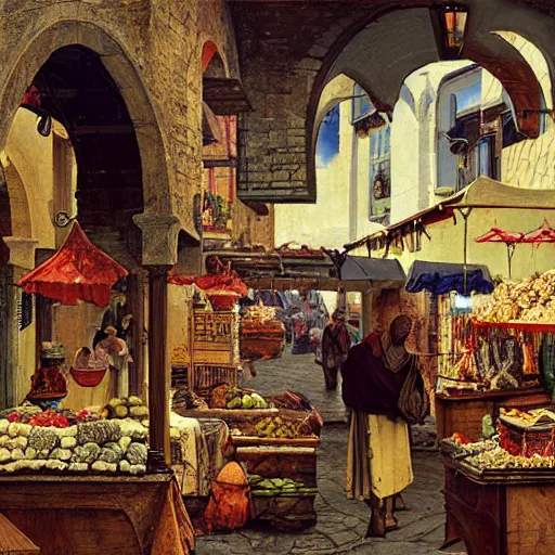 Prompt: a mockup of a medieval Mediterranean street market , beautiful digital art, cinematic composition, detailed, concept art, Matt painting, oil painting, art by Norman Rockwell