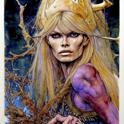 Image similar to a realistic and atmospheric watercolour fantasy character concept art portrait of brigitte bardot as a druidic warrior wizard looking at the camera with an intelligent gaze by rebecca guay, michael kaluta, charles vess and jean moebius giraud