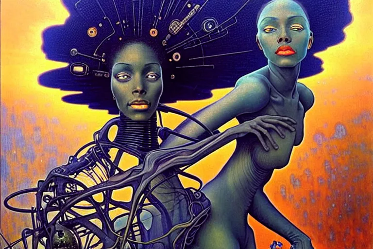 Prompt: realistic extremely detailed portrait painting of a beautiful black woman with a robot, futuristic sci-fi landscape on background by Jean Delville, Amano, Yves Tanguy, Ilya Repin, Alphonse Mucha, Ernst Haeckel, Edward Robert Hughes, Roger Dean, rich moody colours, blue eyes