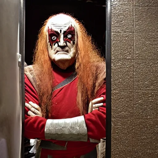 Image similar to The character known as Gowron the Klingon, in full Klingon theatrical makeup and Klingon uniform standing in a dingy gas station bathroom stall near the toilet, kneeling and looking at a small hole carved into the stall wall