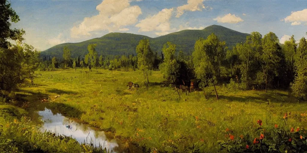 Prompt: summer landscape, blooming lush field, forest, clean river, matte painting, by Isaac Levitan and Vasily Perov