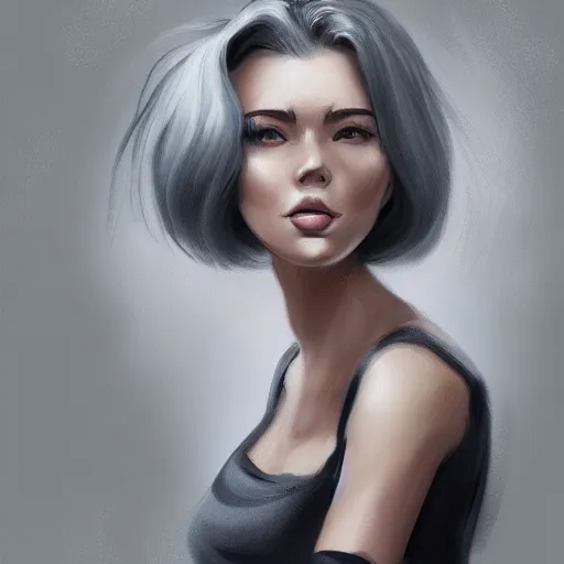 Image similar to a girl wearing a business, she has grey hair and is holding a gun, digital painting, smooth, hd, realist, artstation, deviantart, art by tran ross and