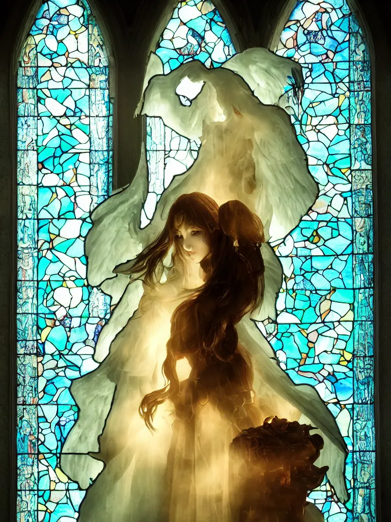 Prompt: cute fumo plush gothic angel maiden girl in hood ghost wraith making an apparition in an abandoned church, stained glass window with colored glowing light, fallen angel, wisps of smoke and glowing volumetric fog, vignette, vray