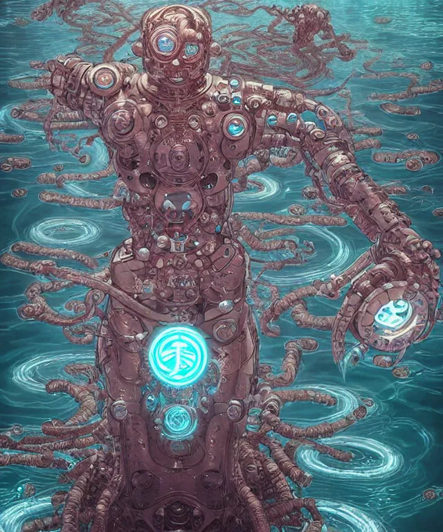 Image similar to a cyborg water demon surrounded by power sigils, centered composition, crisp 8 k line art, digital painting, artstation, unreal engine, octane render, emissive lighting, concept art, matte, sharp focus, hyper realistic lighting, illustration, art by shintaro kago and victo ngai