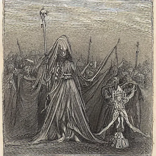 Prompt: a necromancer raising the dead by gustav dore