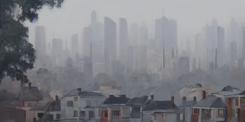 Image similar to In the foreground is a small white house, and in the background is the smoky China City, Stefan Hirsch painting style.