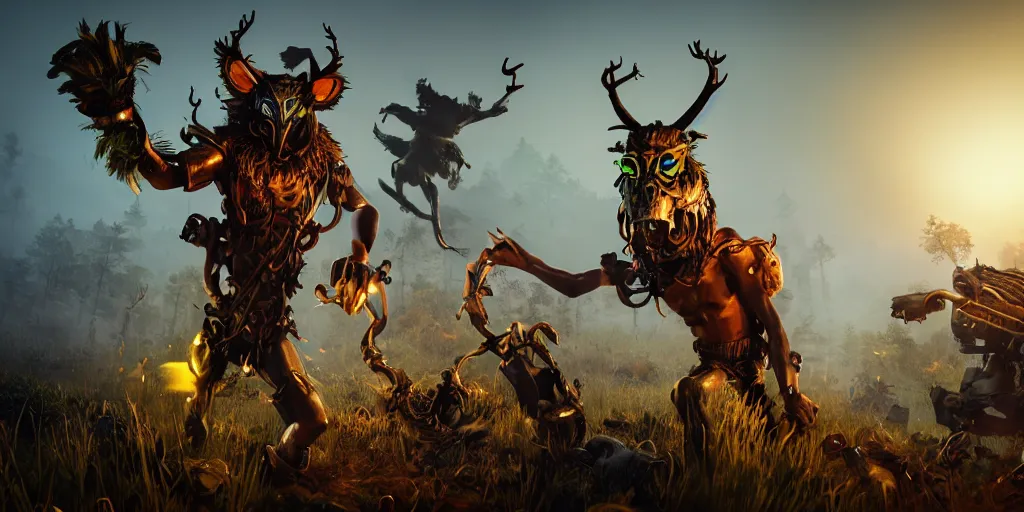 Image similar to woodsman wearing a steampunk and neonpunk mechanical fluorescent mystical animal mask in strange misty mountain landscape fight with chthonic monsters, night, realism in style of fornite game, 4 k, octane render, award winning photograph, epic cinematic shot, perfectly defined features, ambient occlusion