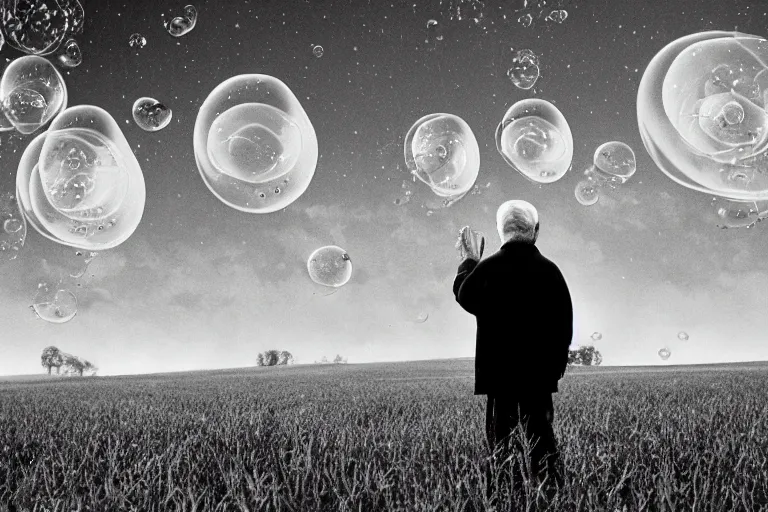 Prompt: an old man in a field looking at multiverse bubbles in the sky, scene from a stanley kubrick movie