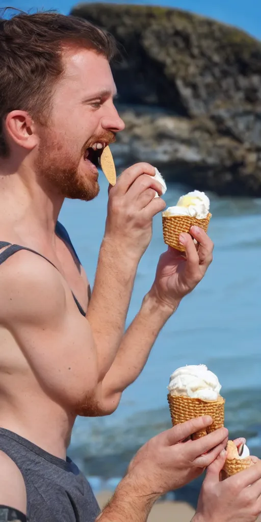 Image similar to a 3 0 year old british man eating ice cream at the beach