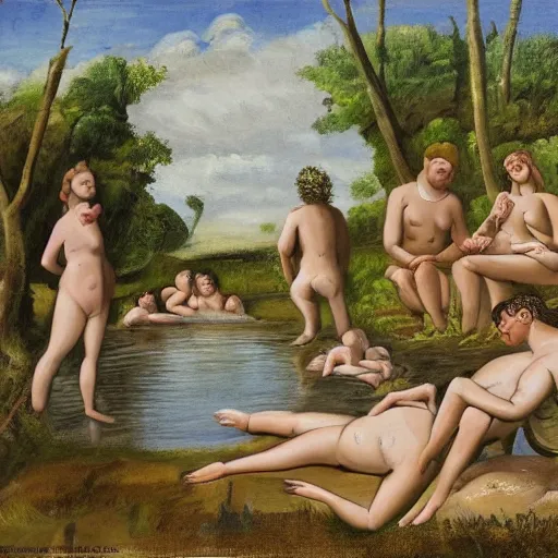 Image similar to The illustration depicts four bathers in a stream or river, with two men and two women. The bathers are shown in different positions, with one woman lying down and the other three standing. The illustration has a very naturalistic style, with trademark use of bold colors and brushstrokes. The overall effect is one of a peaceful scene, with the bathers enjoying the refreshing water. Greek by Richard Dadd, by Ludwig Mies van der Rohe frightful, playful