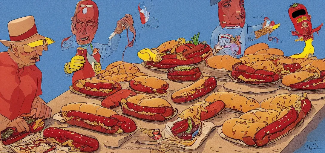 Prompt: an original jean giraud digital art masterpiece of a religious decree prohibiting hotdog buns, hotdogs without buns, discarded hotdog buns