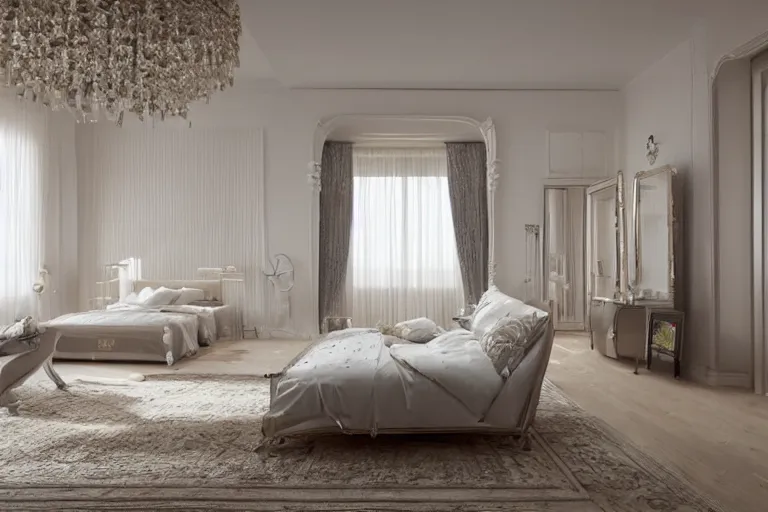 Image similar to A sunny bedroom, exquisite decoration, all Modernized furniture, high tech