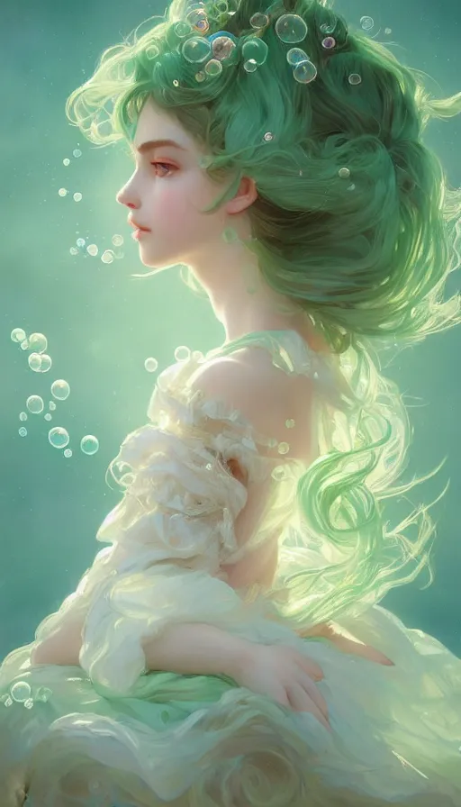 Image similar to portrait of magical girl, dreamy and ethereal, mint green eyes, peaceful expression, ornate frilly dress, fantasy, intricate, elegant, rainbow bubbles, highly detailed, digital painting, artstation, concept art, smooth, sharp focus, illustration, art by artgerm and greg rutkowski and alphonse mucha