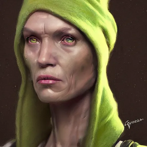 Image similar to portrait of a woman by greg rutkowski, female twi'lek, green skin, wool cap, star wars expanded universe, she is about 6 0 years old, wearing uniform of the galactic alliance navy, highly detailed portrait, digital painting, artstation, concept art, smooth, sharp foccus ilustration, artstation hq