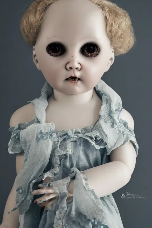 Image similar to creepy porcelain doll with creepy shining eyes.