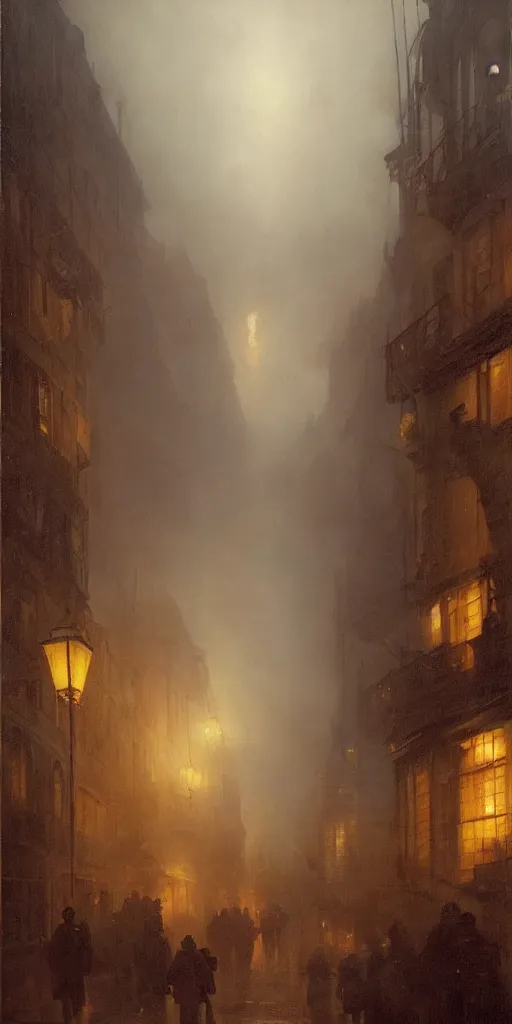 Prompt: a street of a city in 1 9 4 0 with yellow light on from the windows during the night, a men stand up under a light, mystical red fog, oil on canvas, art by andreas achenbach, clemens ascher, tom bagshaw and sabbas apterus,