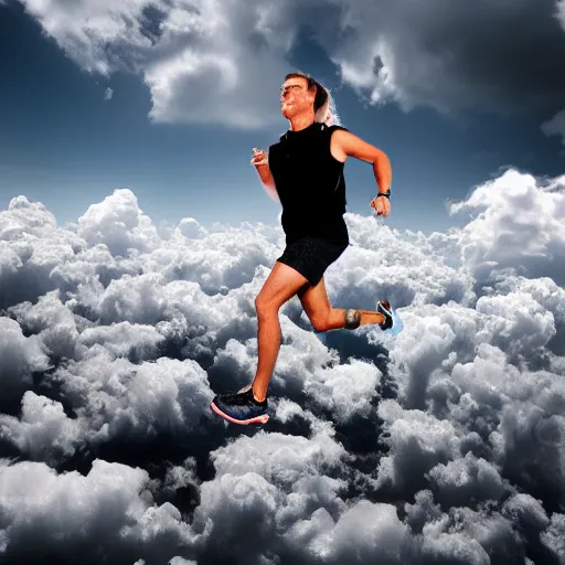 Prompt: running and falling on clouds, 4k, post-processing, detailed, photorealistic imagery