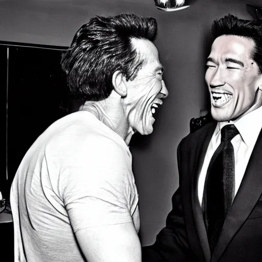 Image similar to old black and white photograph of arnold schwarzenegger meeting markiplier, both laughing, photorealistic