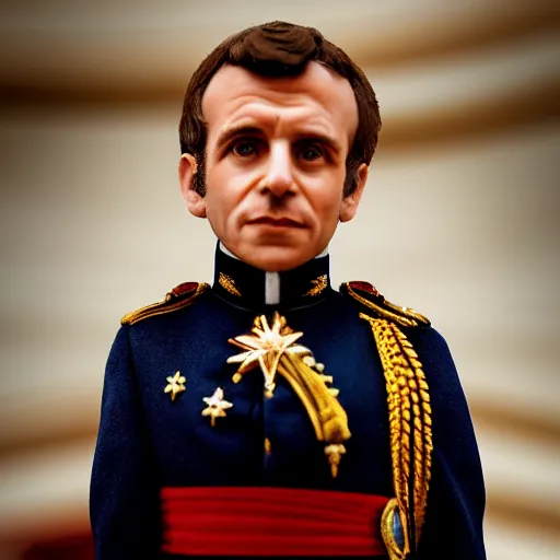 Prompt: closeup portrait of a tiny emmanuel macron dressed as napoleon standing on a desk, macro photo, bokeh, natural light, sharp, detailed face, magazine, press, steve mccurry, david lazar, canon, nikon, focus