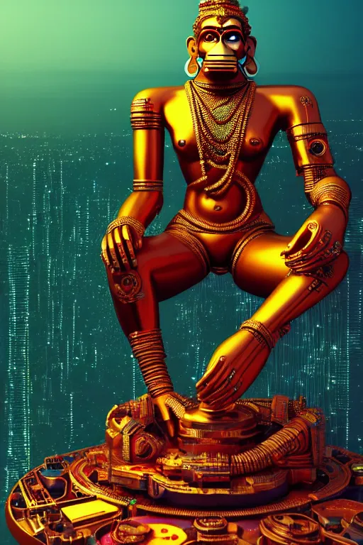 Image similar to high quality 3 d render colorful deconstructed cyborg! hanuman sitting, gold madhubani, highly detailed, cyberpunk!! mumbai in the background, vray cinematic smooth, blade runner, moody light, low angle, uhd 8 k, sharp focus