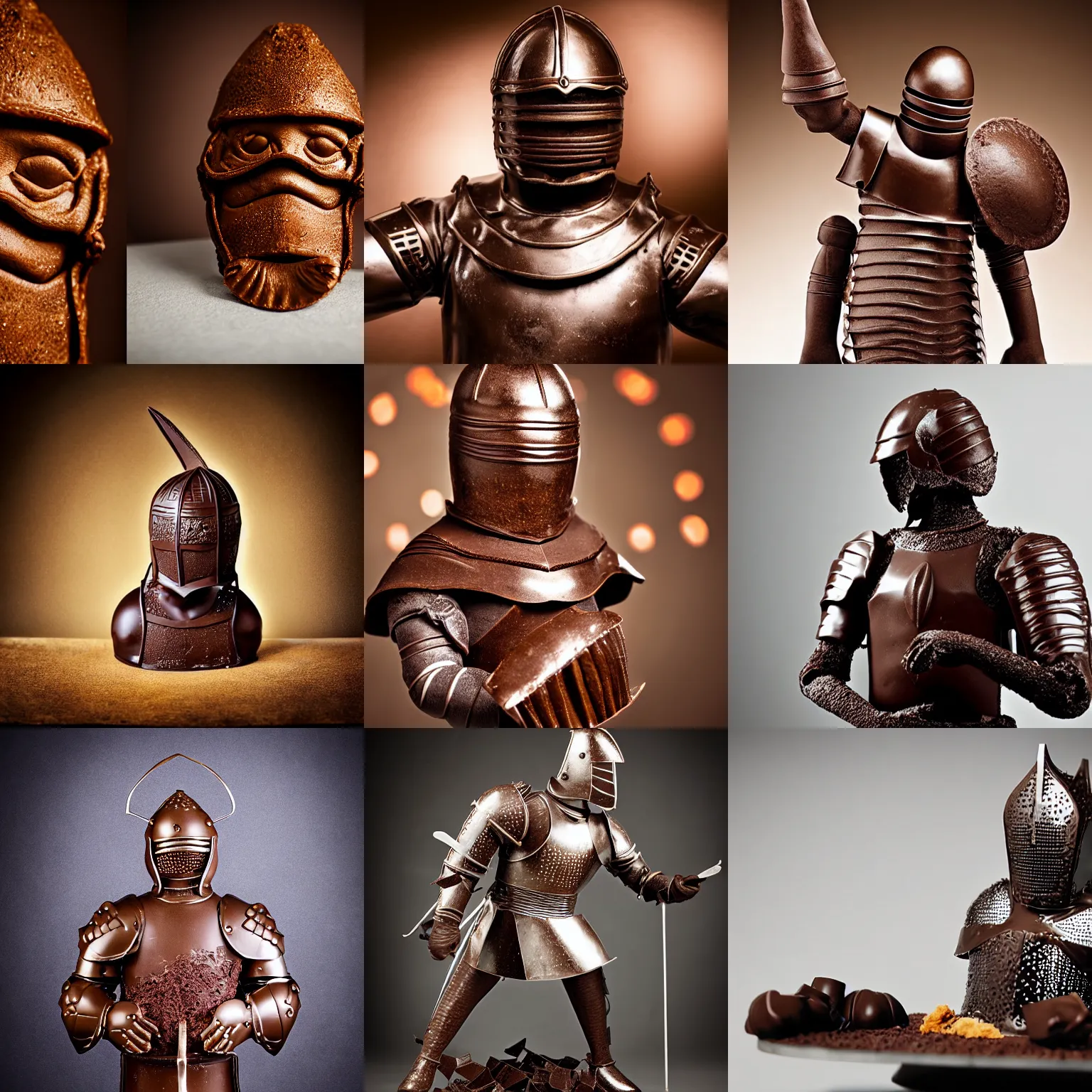 Prompt: chocolate sculpture of a knight, food photography, studio lighting, bokeh