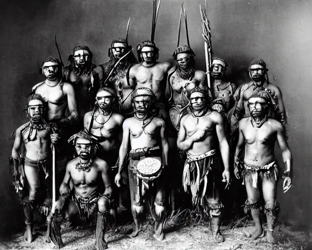 Image similar to group vintage photograph of a warrior orc tribe with a human explorer, highly detailed