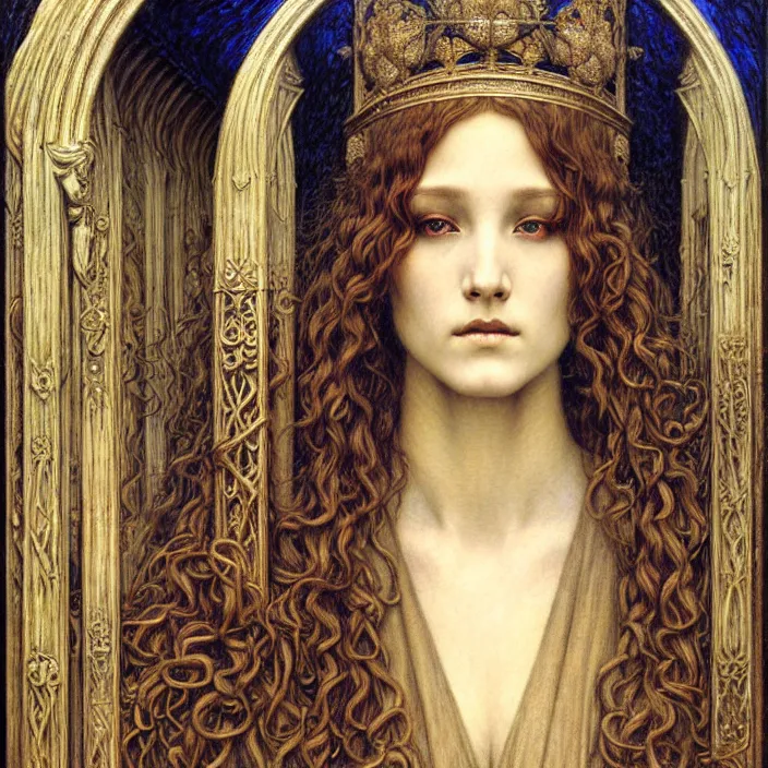 Image similar to detailed realistic beautiful young medieval queen face portrait by jean delville, gustave dore and marco mazzoni, art nouveau, symbolist, visionary, gothic, pre - raphaelite. horizontal symmetry