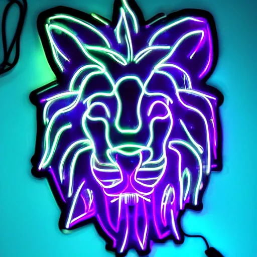 Prompt: cybernetic organism lion with blue neon light and smoke and purple lighting