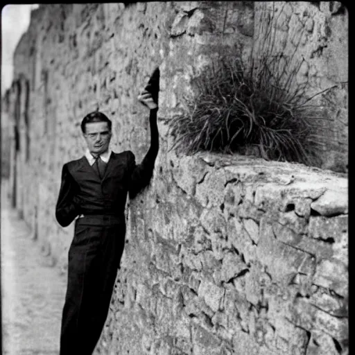 Prompt: Still of a movie set in the 1930s where a young man with long hair is backed against a stone wall looking utterly panicked