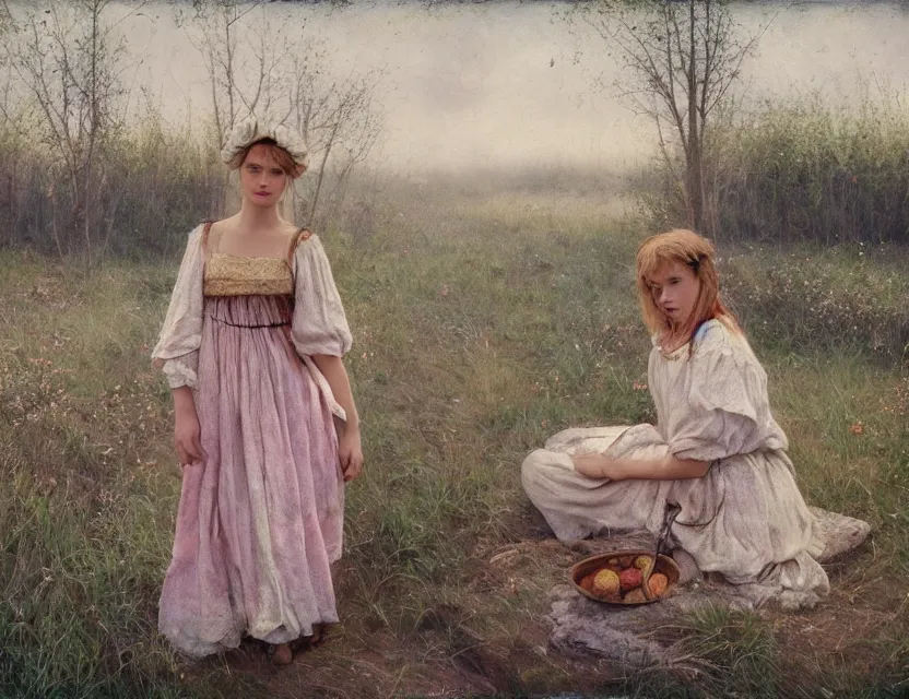 Image similar to peasant girls ivana kupala, midsommart, cottage core, cinematic focus, polaroid photo bleached vintage pastel colors high - key lighting, soft lights, foggy, by steve hanks, by lisa yuskavage, by serov valentin, by tarkovsky, 8 k render, detailed, oil on canvas